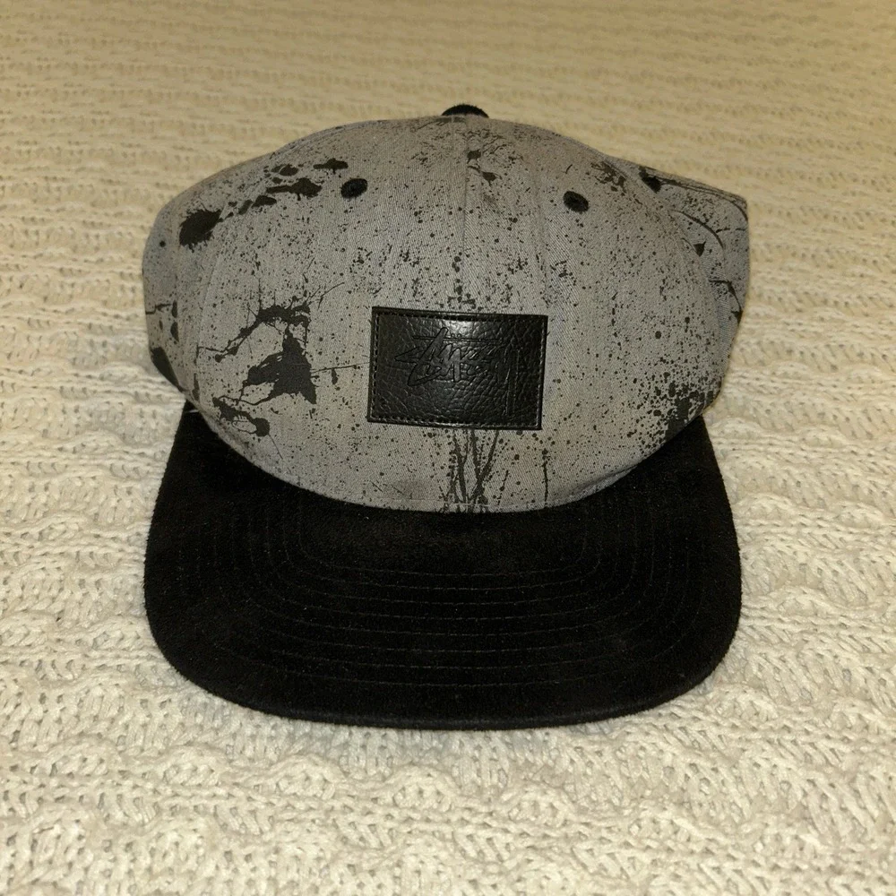 Stussy Y2K Paint Splatter Snapback Black Gray Hat Cap Suede Bill